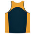 A sleeveless singlet featuring a blue and gold design, with a solid back and contrasting panel. It includes a logo.