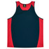 A singlet featuring a navy body with red side panels. It includes a logo on the label.