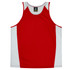 A red and white singlet featuring a logo, designed for kids.