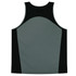 A grey and black singlet with a sporty design and a logo on the back.