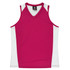 A maroon singlet with white side panels, featuring a v-neck design and a logo on the tag.