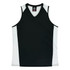 A black and white singlet with a v-neck design, featuring a logo on the neckline.