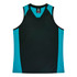 A black and blue singlet featuring a V-neck design, with contrasting panels and a logo on the upper back.