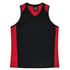 A black singlet with red side panels and a V-neck design, featuring branding on the label.