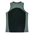 A sleeveless shirt featuring a combination of dark green and grey panels, with a logo present.