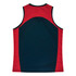 A singlet featuring a design in red and navy blue, with a logo on the back.