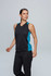 A black singlet with teal side panels, featuring a logo, modelled by a woman in a neutral setting.
