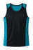 A black and teal men's singlet featuring a branded logo. Suitable for active wear.