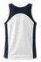 A men's singlet featuring a white front with navy side panels and a sporty design. It includes a logo.