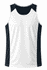 A white and navy singlet with contrasting side panels and a logo on the front.