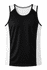 A black singlet with white side panels and a logo. Suitable for men's activewear.