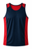 A sleeveless singlet featuring navy blue and red colours, with a logo on the front.