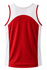 A red singlet with white side panels and a rounded back design. It features a logo on the front.