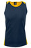 A navy singlet with yellow accents, featuring a branding logo on the neckline.