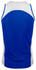 A blue and white sports singlet featuring a back view design and a logo on the fabric.