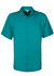 A short-sleeve button-up shirt in teal, featuring a collar and a branded label.