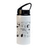 A drink bottle featuring a white body with black illustrations and a flip straw lid. It has a black handle and a logo.