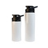 A drink bottle in white with a black free flow lid, featuring a logo. Two sizes are displayed.