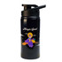 A drink bottle in black featuring a whimsical character design, with a free flow lid and a logo.