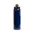 A drink bottle in a deep navy blue with a flip straw lid and a black accent top, featuring a logo.
