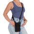 A black neck pouch is worn crossbody, featuring multiple pockets and an adjustable strap.