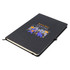 A black A5 notebook with a logo on the cover and an elastic band closure.