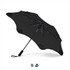 A black umbrella with a unique design and a sturdy handle. It features a logo on the handle.