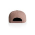 A beige cap with a strap back and a logo on the side, featuring a smooth, fabric texture.