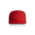 A red cap with a curved brim and a logo on the front. The cap features a structured design.