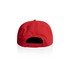 A red cap featuring an adjustable strap at the back and a branded logo.
