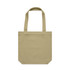 A beige tote bag with two shoulder straps and a simple design, featuring a branding logo.