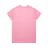 A pink t-shirt with a plain back and a circular neckline, featuring a logo.