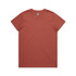 A rust-coloured T-shirt with a simple design and a tag at the neck. It features a logo on the label.