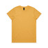A yellow T-shirt with a crew neckline and short sleeves, featuring a branding label.