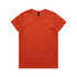 An orange t-shirt featuring a round neckline and short sleeves, with a label at the neck.