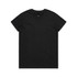 A black T-shirt featuring a round neckline and short sleeves, with a brand logo inside the collar.