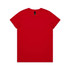A red t-shirt featuring a simple crew neck design and a branding label at the neckline.