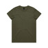 An olive green t-shirt featuring a round neckline and a branding label at the neckline.