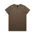 A brown t-shirt with a round neck and short sleeves, featuring a logo on the label.