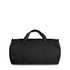 A black canvas duffel bag with dual handles and a zip closure. It features a simple, unbranded design.