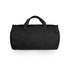 A black canvas duffel bag with dual handles and a zipper closure, featuring a branding logo.