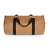 A tan duffel bag with black handles, featuring a simple design and a logo on one side.