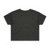 A cropped t-shirt in dark green, featuring a simple design and loose fit, with a logo on the back.