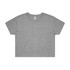 A grey crop tee with short sleeves and a round neckline, featuring a logo on the label.