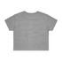 A grey cropped t-shirt with short sleeves and a plain back. It features a logo.