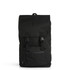A black recycled field backpack with two front buckles and a zippered pocket. It features a logo on the front.