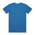 A blue T-shirt with short sleeves and a plain back, featuring a logo.