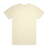A plain cream T-shirt with short sleeves and a round neckline, featuring a logo on the back.