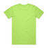 A bright lime green T-shirt with a plain back. It features a logo on the inside neck.