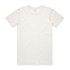 A plain white t-shirt with a crew neck and short sleeves, featuring a logo on the back.